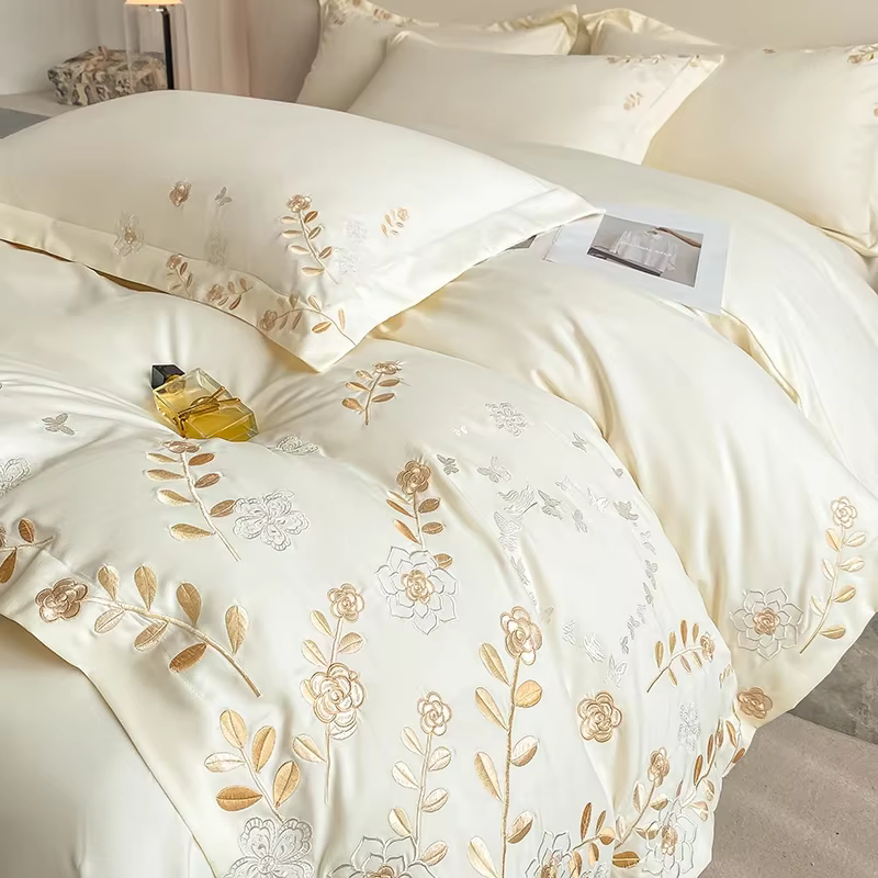 4 pièces/ensemble léger luxe 120s pur coton Floral brodé housse de couette taies d'oreiller drap-hou
