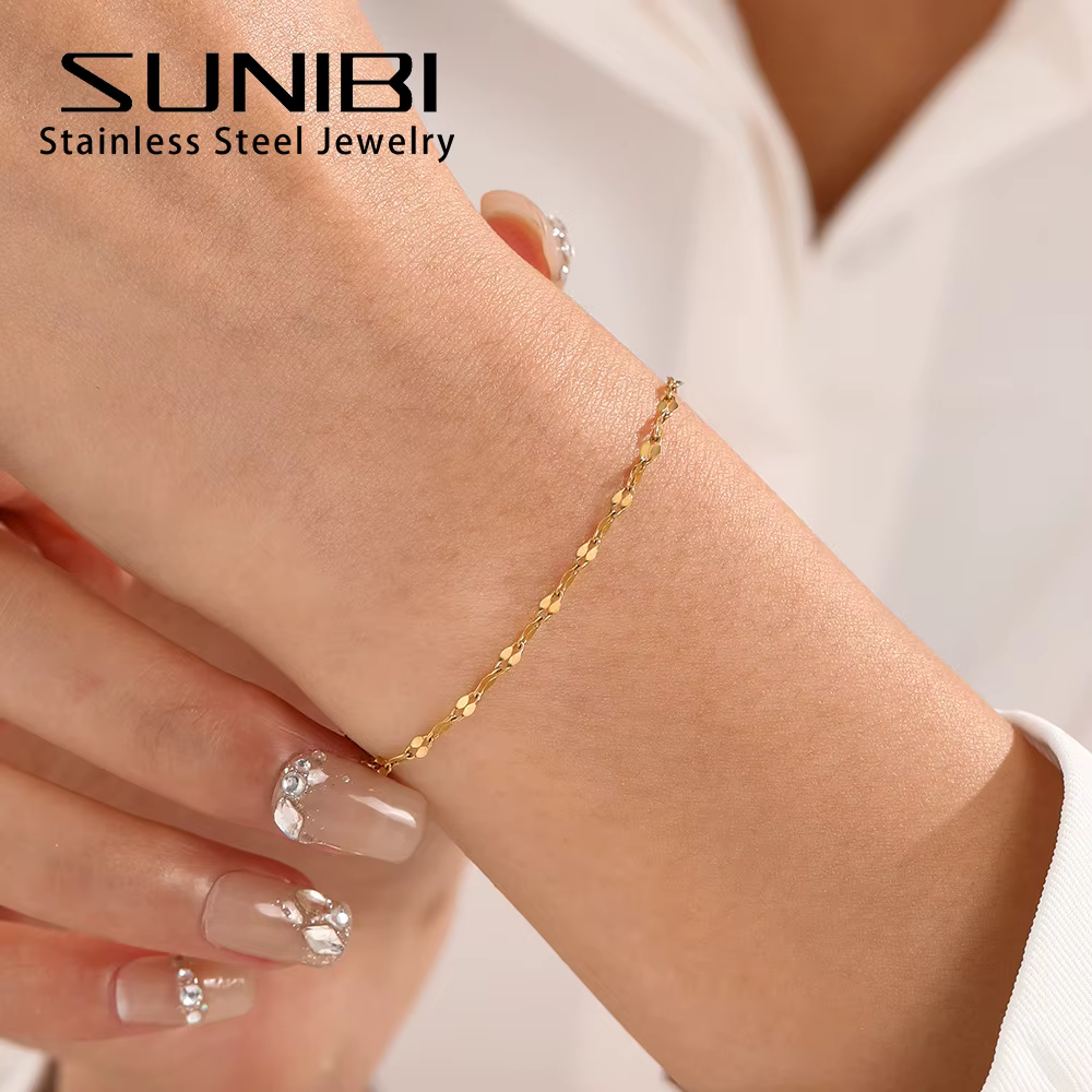 Bracelet en acier inoxydable pour femme, chaîne Simple et brillante, avec breloque réglable, minimal