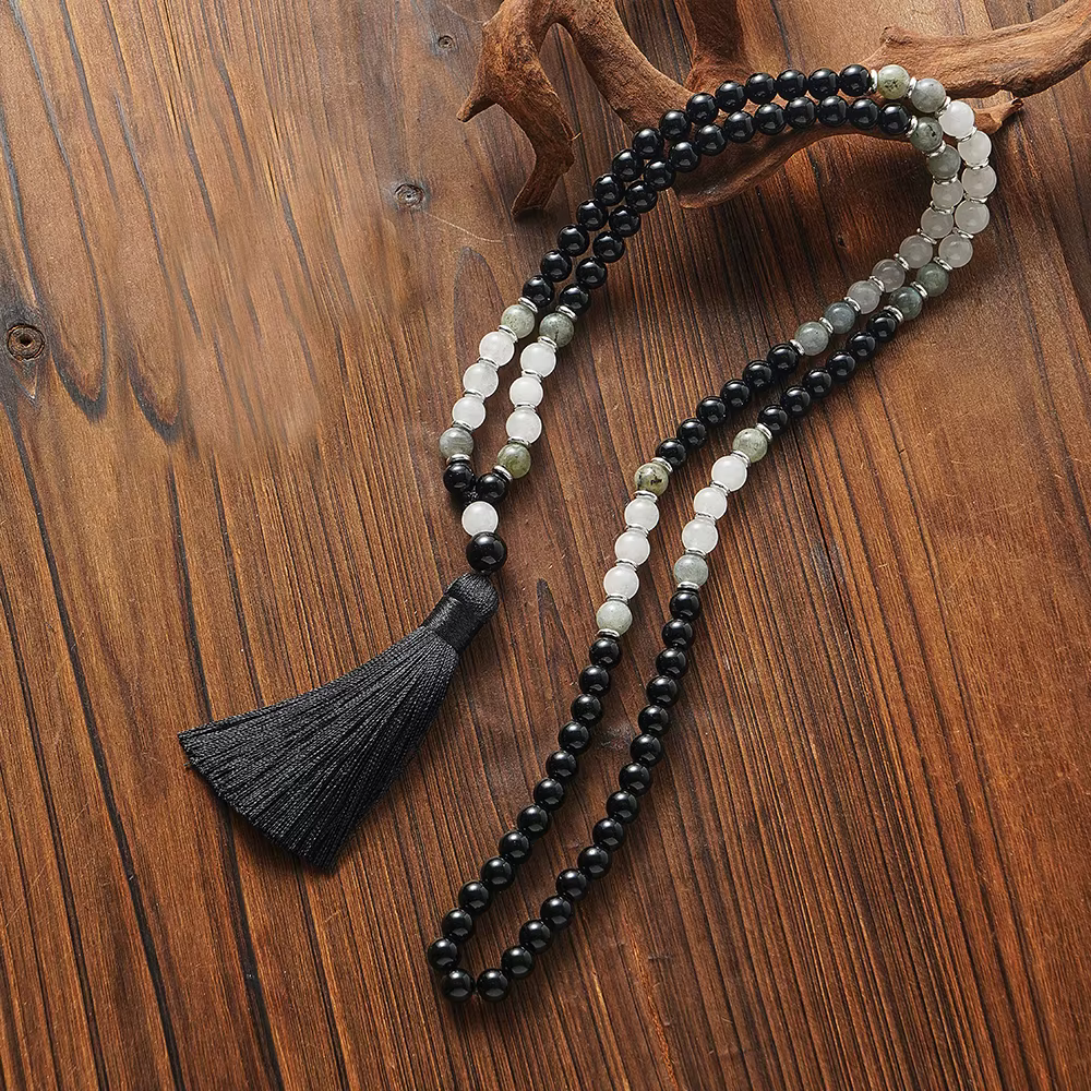 Perles d'onyx noir et de labradorite, collier Mala 108 perles, méditation, bijoux de prière pour le 