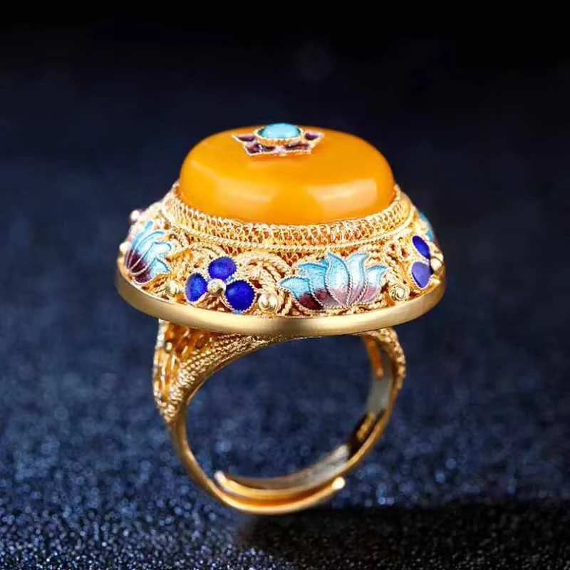 Bagues en or prairie pour femmes, calcédoine jaune naturelle, typoémail, style palais, bijoux de dîn