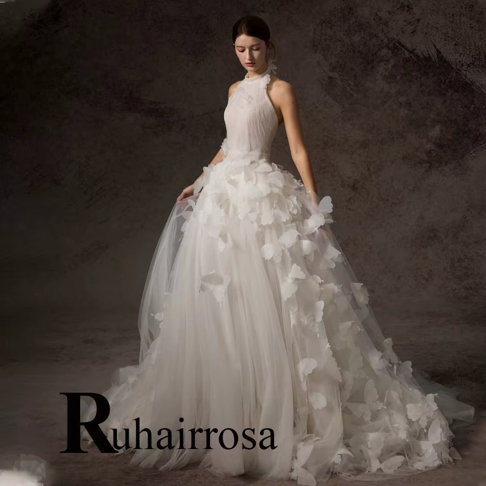 Ruhair fantaisie licou robes De mariée pour les femmes 3D fleurs dos nu sans manches plissé Robe De 