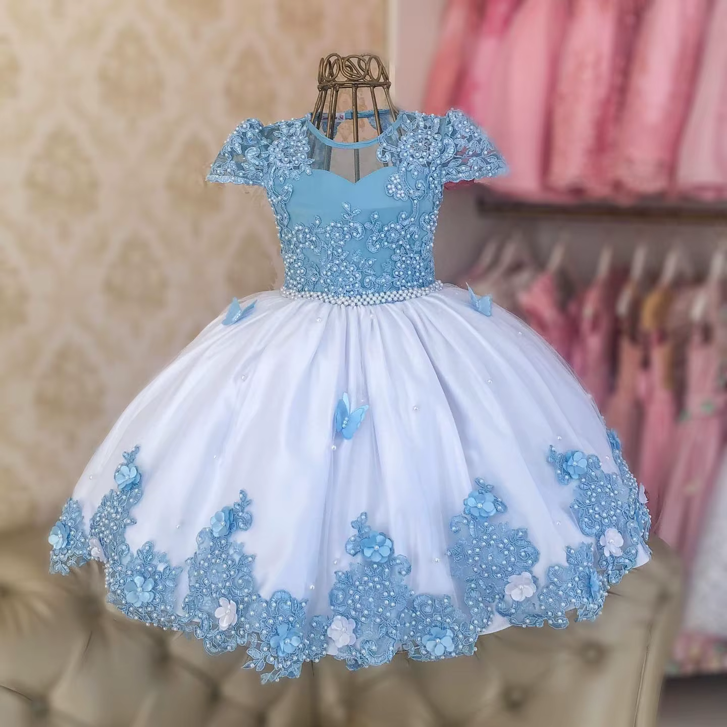 Robe à Fleurs Bleu Ciel Clair et Blanc en Tulle pour Fille, Tenue Personnalisée en Dentelle pour Mar