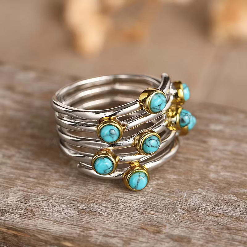 Huitan Magnifique bague avec imitation turquoise, accessoires de vacances d'été bicolores, élégante,