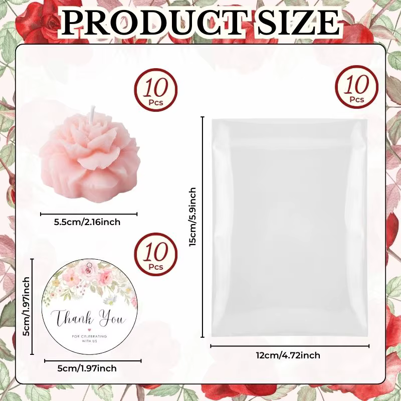 10 ensembles de bougies pivoine pour mariage avec bougies en forme de fleurs roses, sacs et étiquett