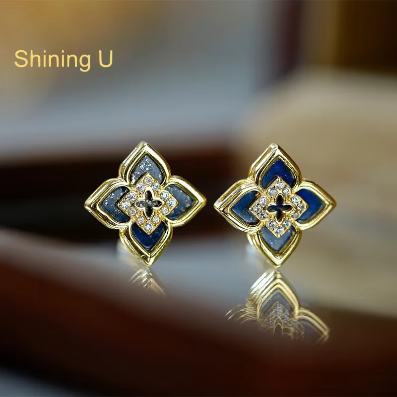Shining U – ensemble de bijoux trèfle en argent S925, Lapis Lazuli, boucles d'oreilles pour femmes, 