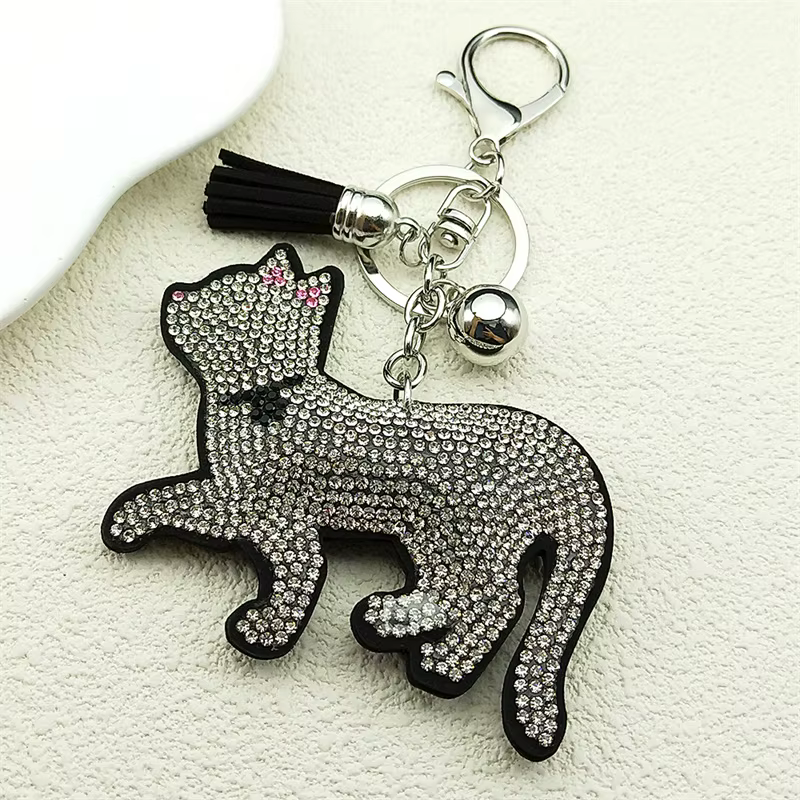 Porte-clés chaton en cuir pour hommes et femmes, joli chat plein de cristaux, couleur argent, sac, a