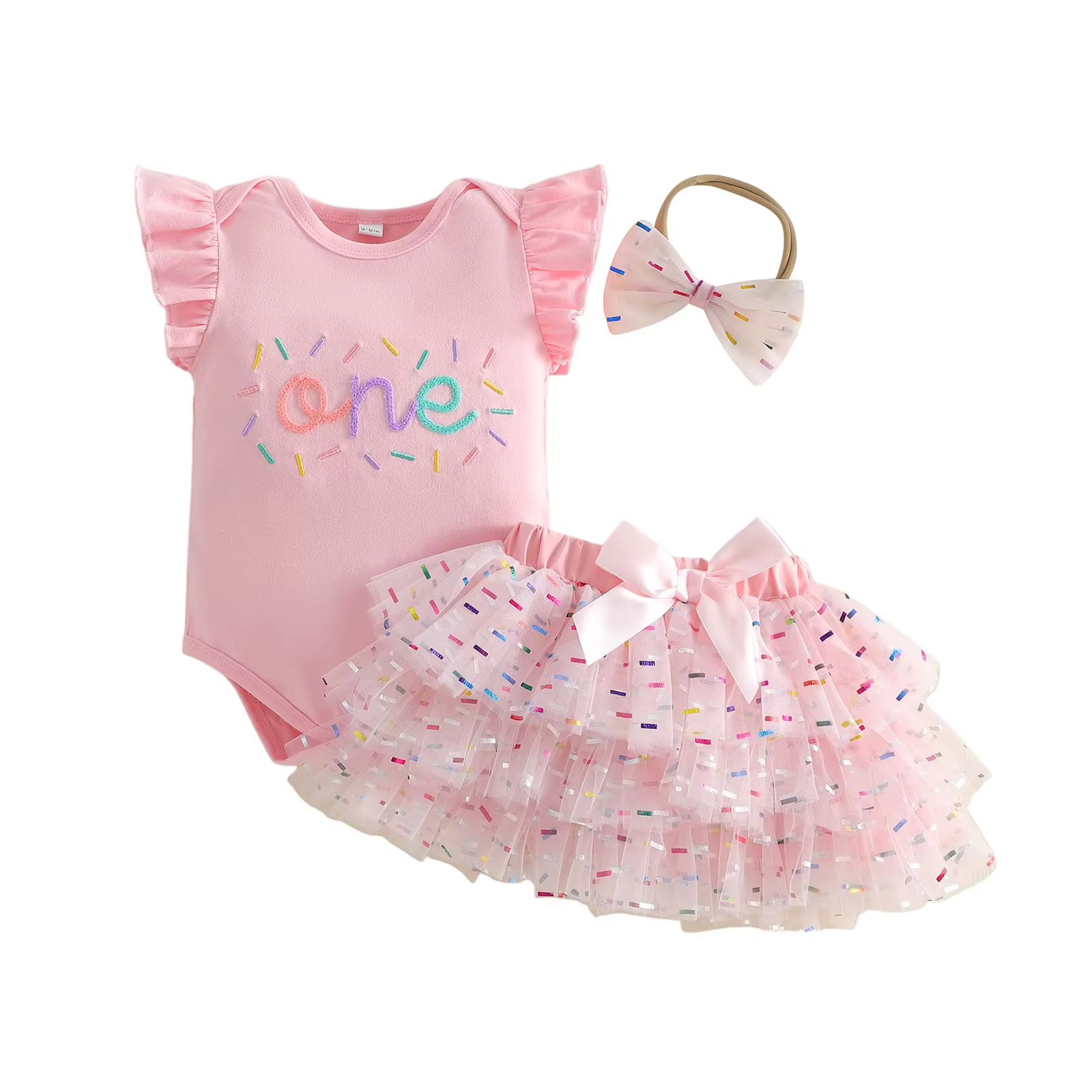 Ensemble 3 pièces pour bébé fille : Barboteuse à manches volantées avec lettres, jupe en tulle et ba