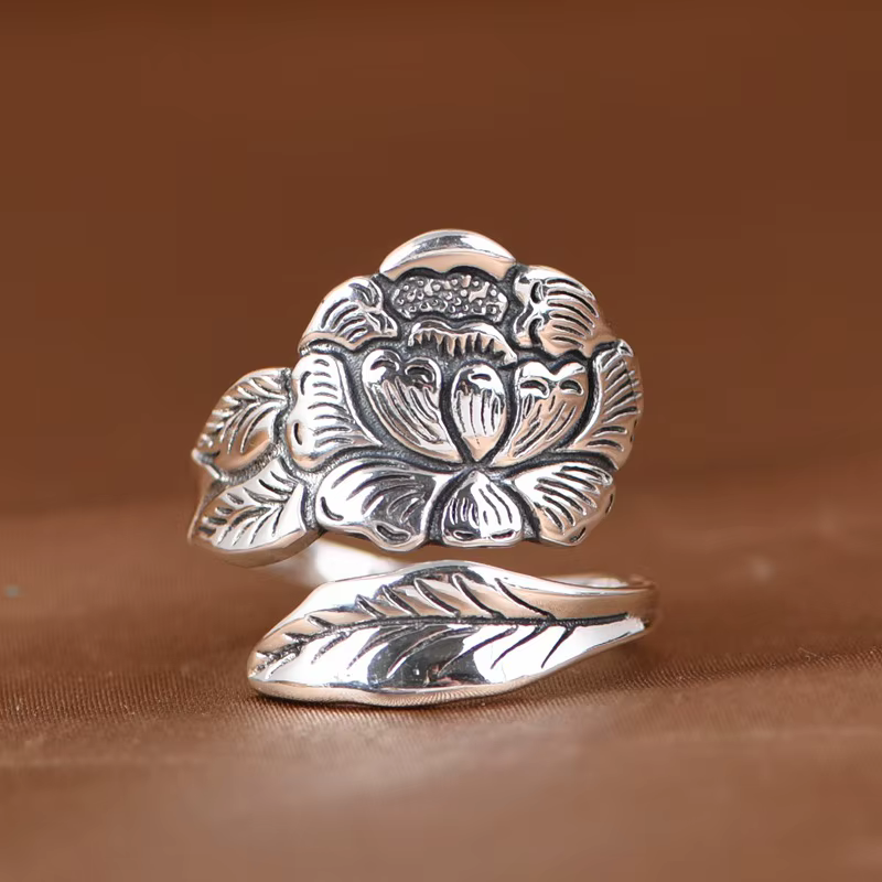 Buyee 925 en argent Sterling grand anneau doigt pivoine anneau ouvert pour les femmes mode fleur bij