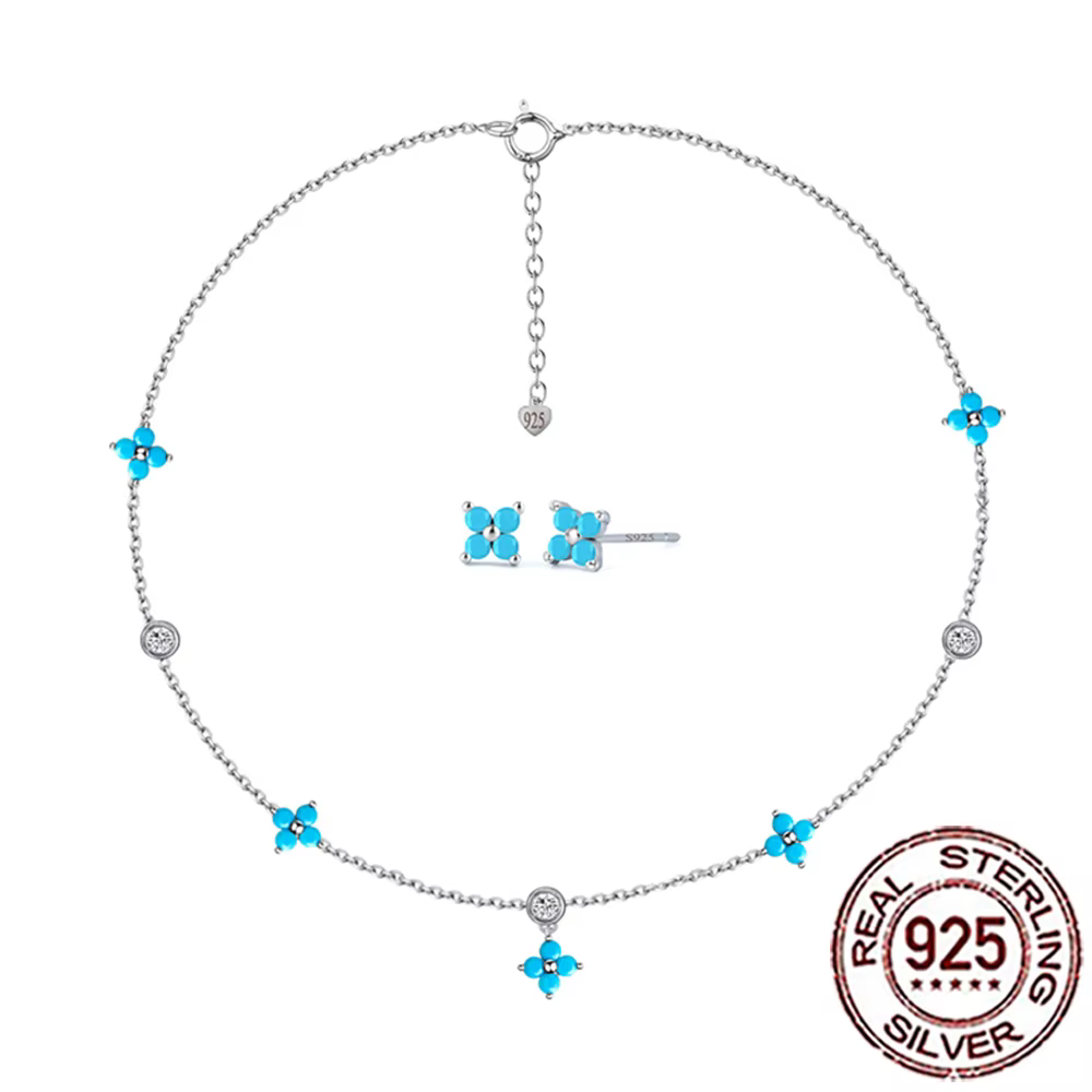 QooLady-Ensemble collier et boucles d'oreilles en argent 925 pour femme, bleu turquoise, 4 fleurs du