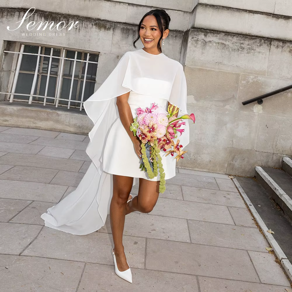 Robe de mariée courte personnalisée Semor, couleur blanc cassé, avec châle en mousseline, coupe trap