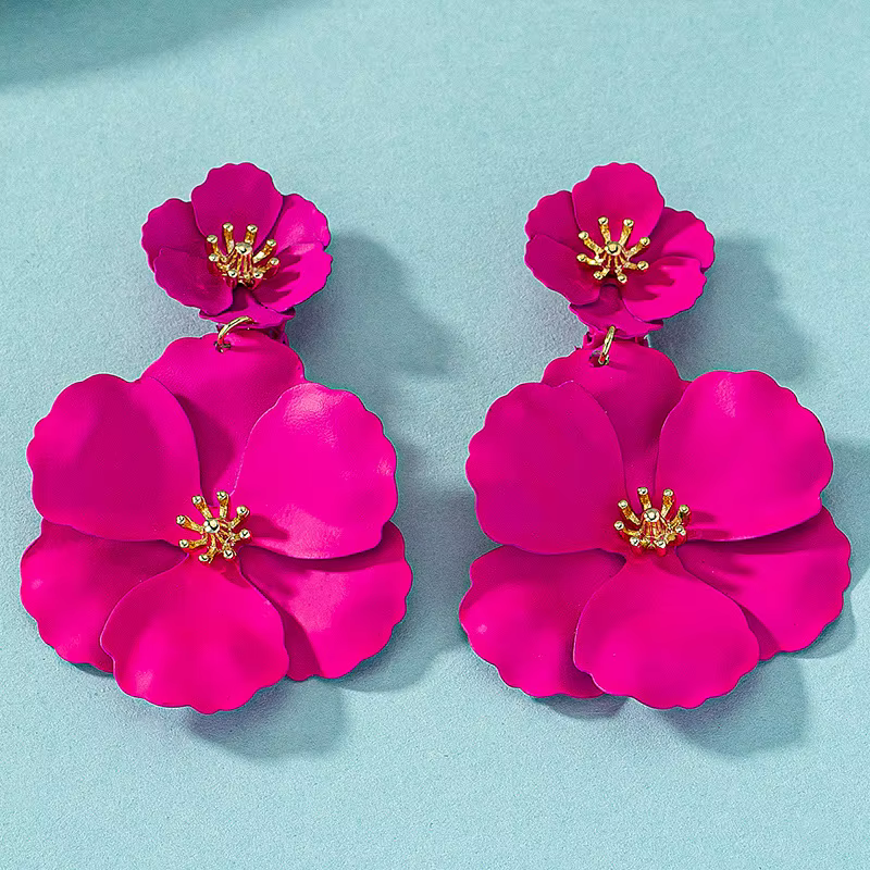 Boucles d'oreilles pendantes à fleurs multiples exagérées, en métal, couleur fuchsia, bijoux de mode