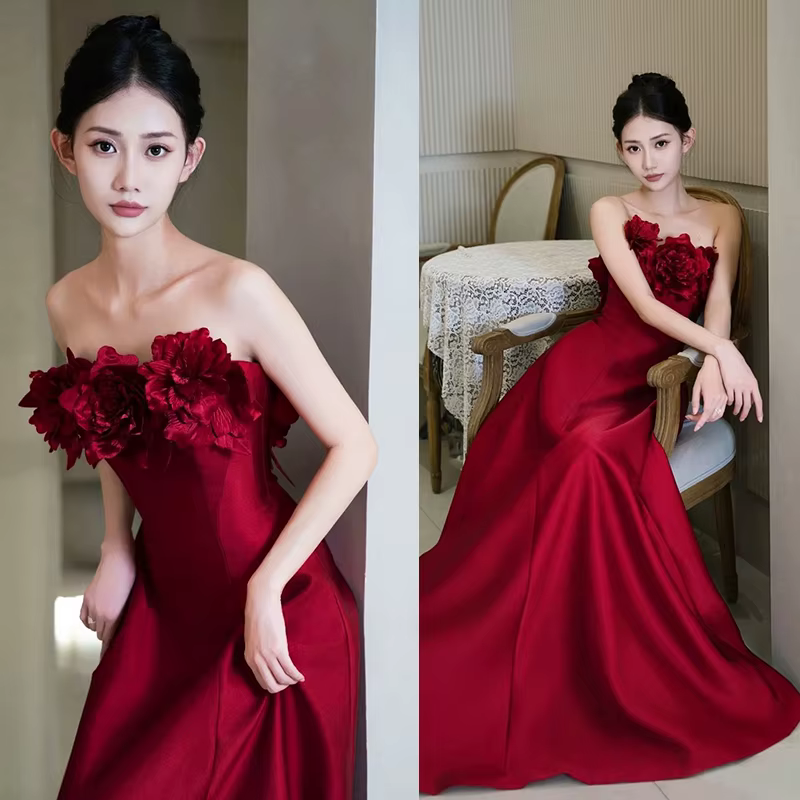 Robe de mariage à fleurs riches, vin rouge, Rose, fiançailles, Toast, Robe du matin, Robe de Banquet
