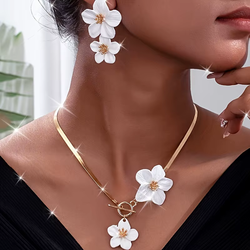 Collier et boucles d'oreilles bohèmes à fleurs avec boucle OT pour femmes, ensemble de bijoux tendan