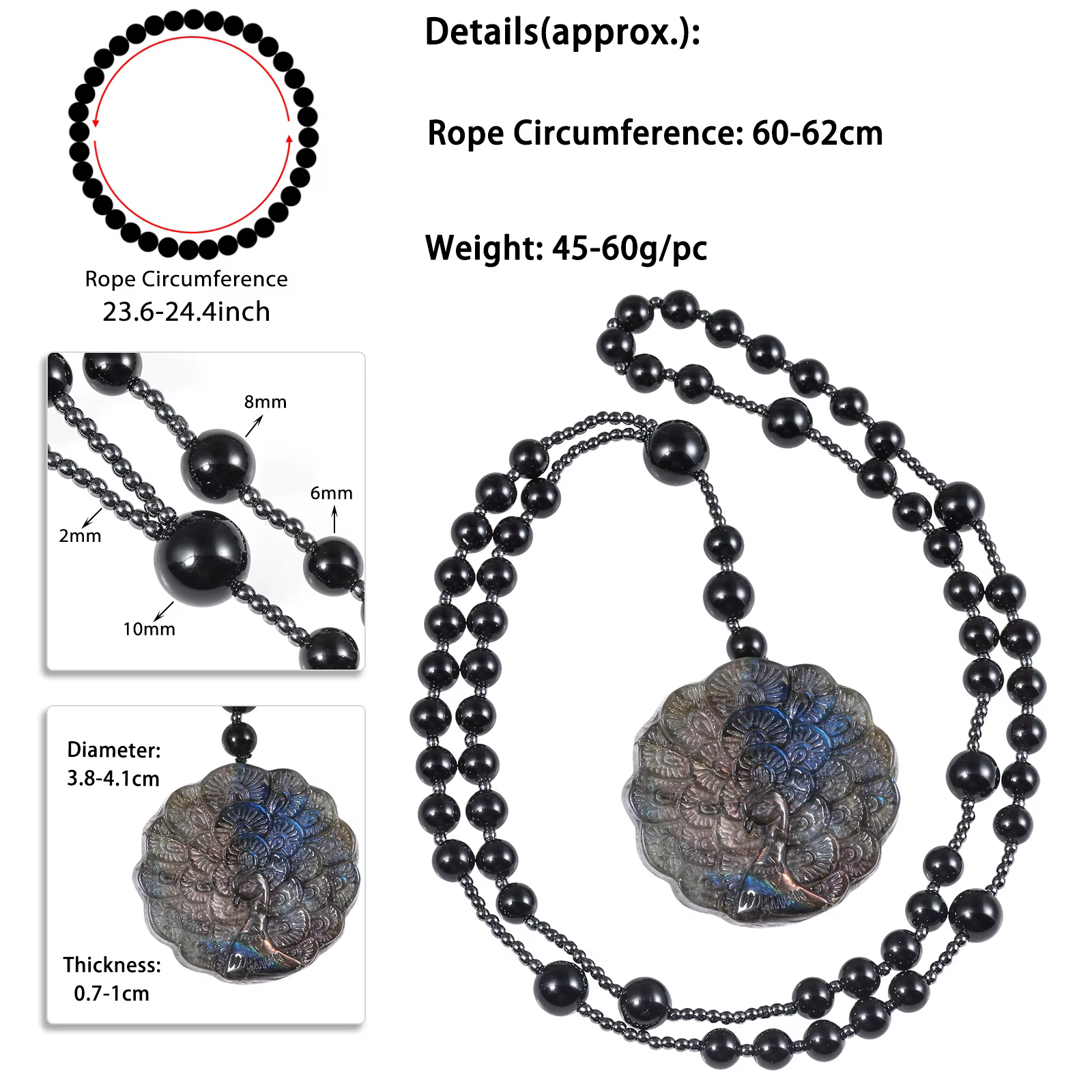 Collier perlé en pierre d'hématite d'obsidienne noire pour hommes et femmes, pendentif en labrumen i
