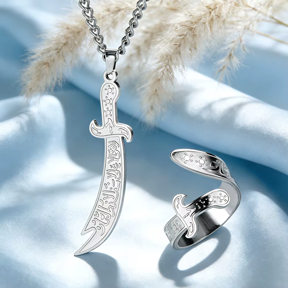 Ensemble de bijoux épée Zulfiqar d'Imam Ali Dawapara, collier et bague arabes, bijoux islamiques mus
