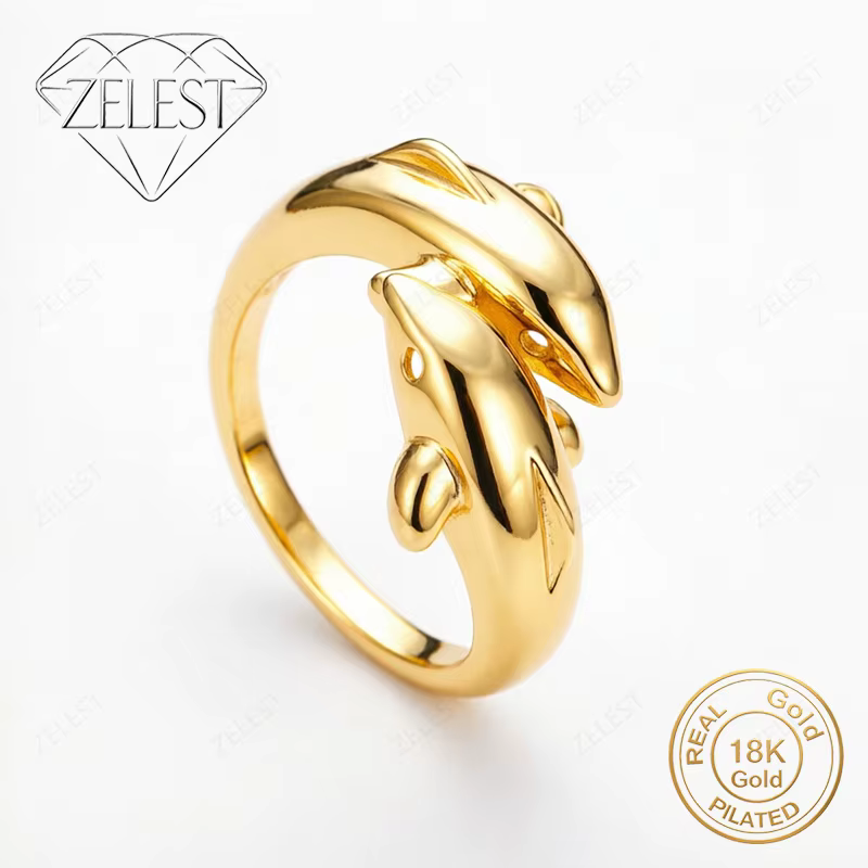 Bague ouverte double dauphin mignonne en argent sterling 925 plaqué or 18 carats, accessoire de mode