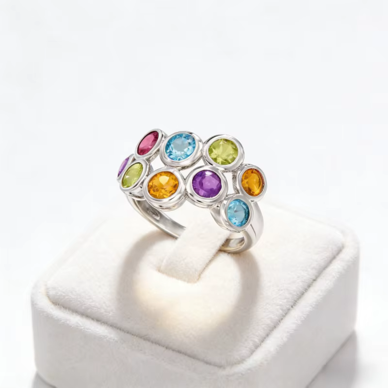 Bague classique tendance incrustée de zircone synthétique multicolore plaquée argent pour femme, bij