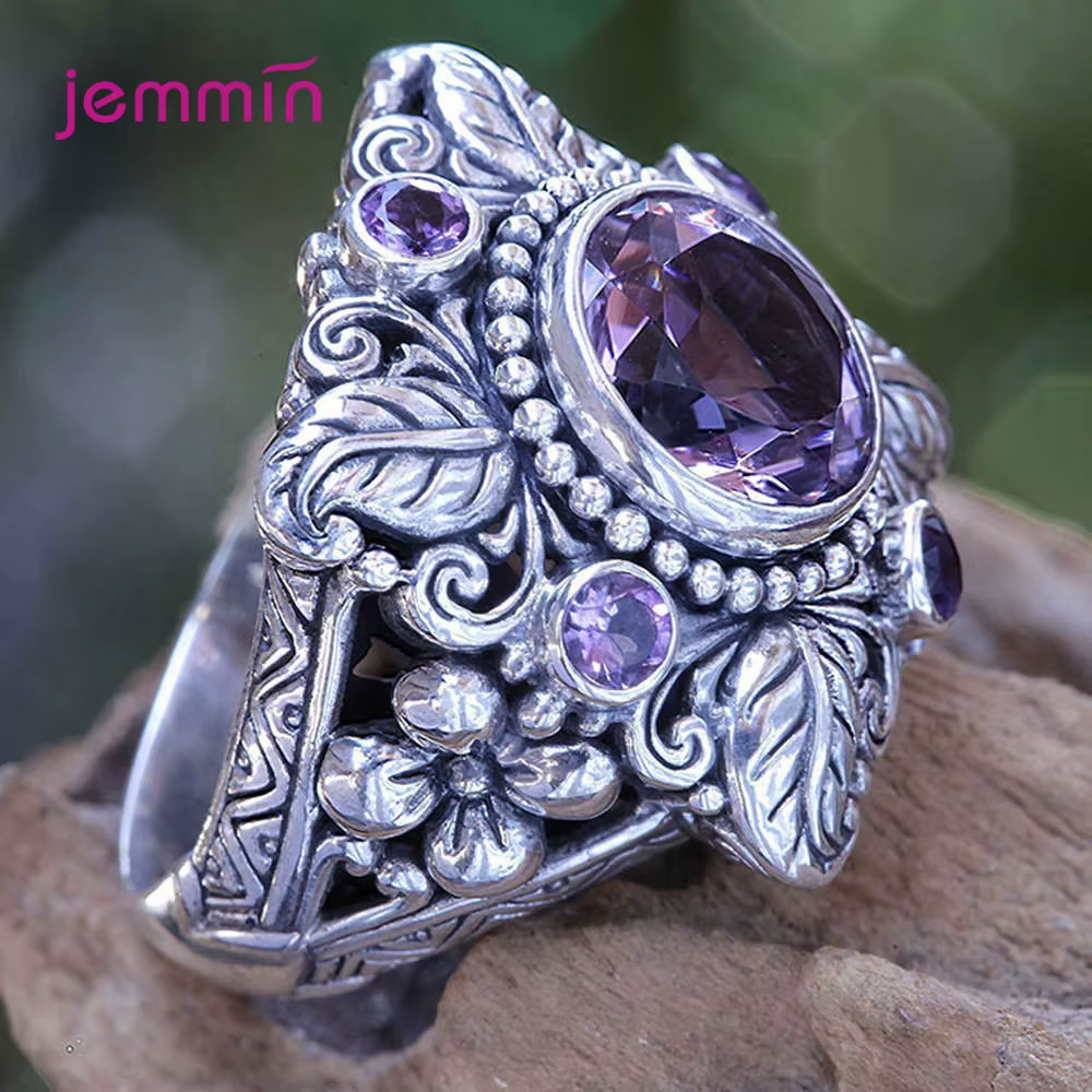 Bagues de fiançailles en argent Sterling 100% pour femmes, bague ronde en améthyste naturelle, bijou