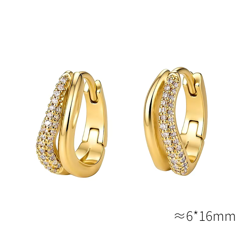 Boucles d'oreilles élégantes en cuivre poli plaqué or avec double anneau et diamant, bijoux d'oreill