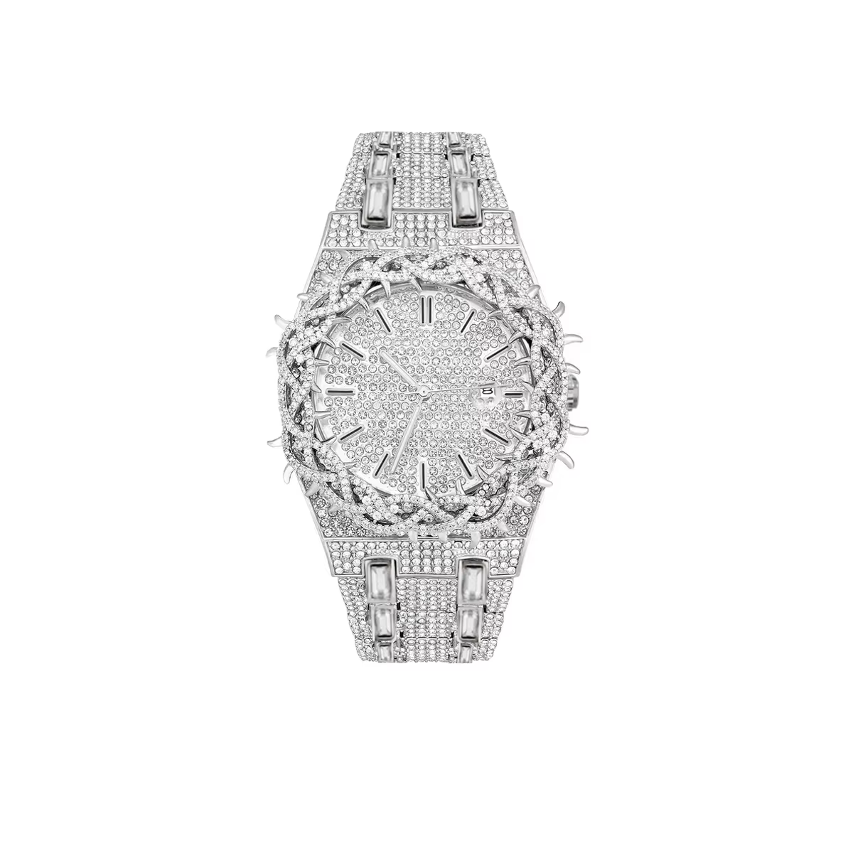 Montre-bracelet à quartz de luxe pour homme, style Hip Hop, avec lunette à motif épineux et diamants