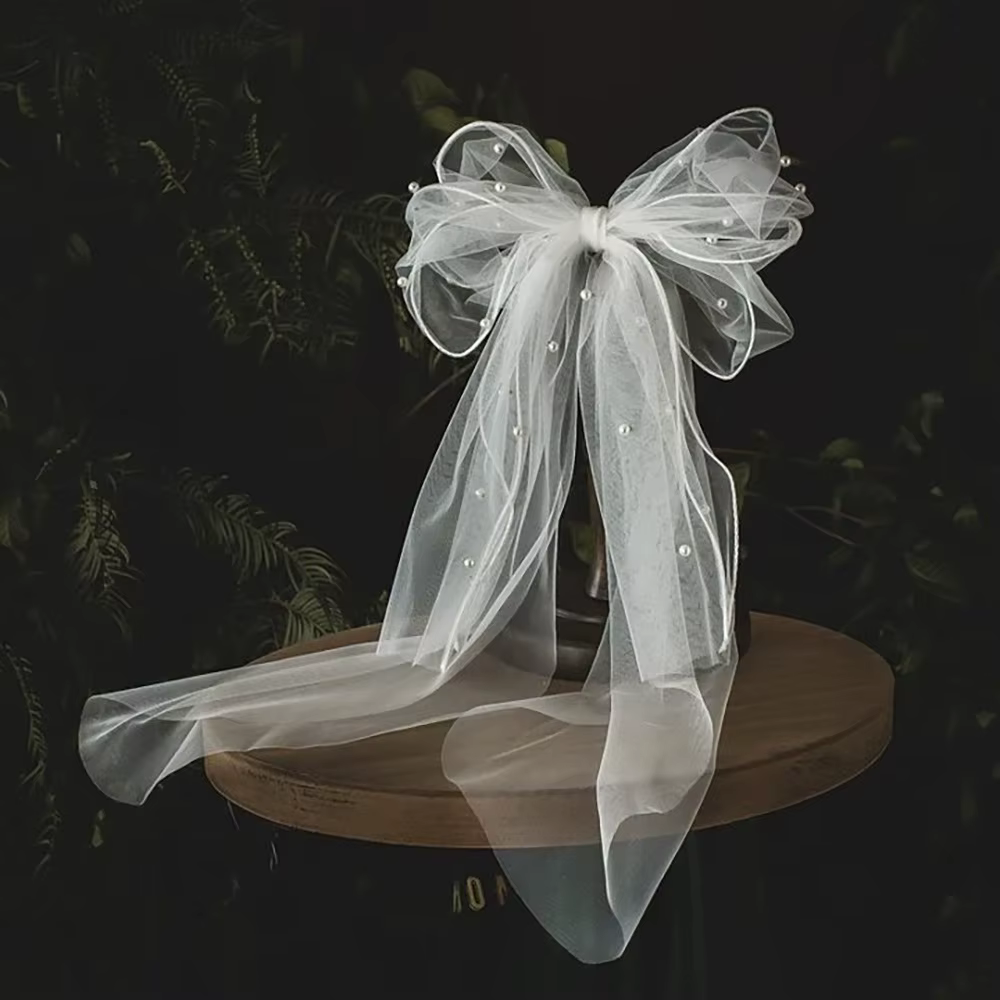 Voile de mariée rétro multicouche en dentelle et tulle blanc, élégant, avec nœud en perles, accessoi