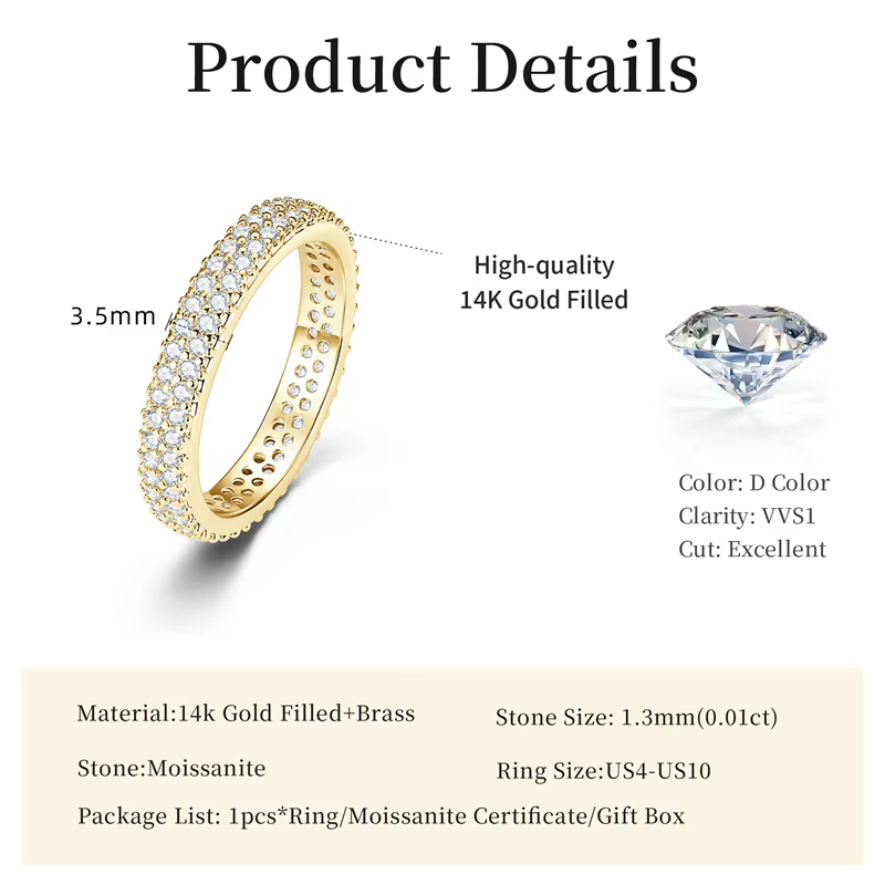 Bague d'éternité en moissanite certifiée Lnngy à double rangée de 1,3 mm, bagues de fiançailles scin
