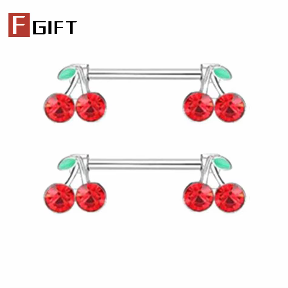 1 paire de jolis anneaux de poitrine en cristal rouge cerise 14G en titane, piercing pour les tétons
