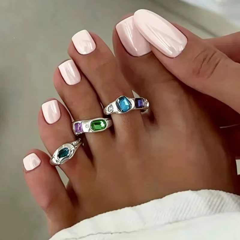 Lot de 3 bagues de pied géométriques en zircon, en métal, avec pierres précieuses, en argent, avec s