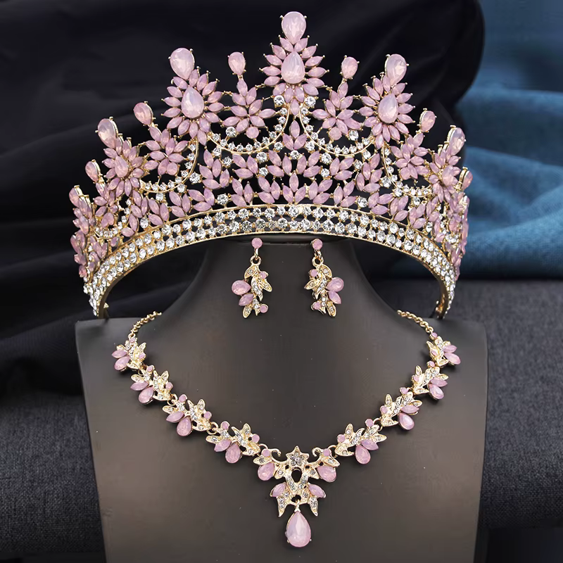 Diadèmes et collier roses à haute opale, boucles d'oreilles, ensembles de bijoux de mariée pour femm