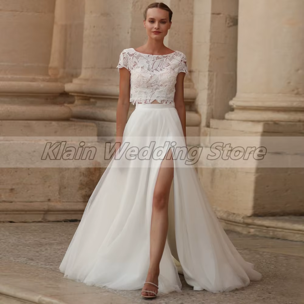Weilinsha-Robe de Mariée Deux Pièces Personnalisée en Dentelle, Manches Courtes, Tulle, Fente Latéra