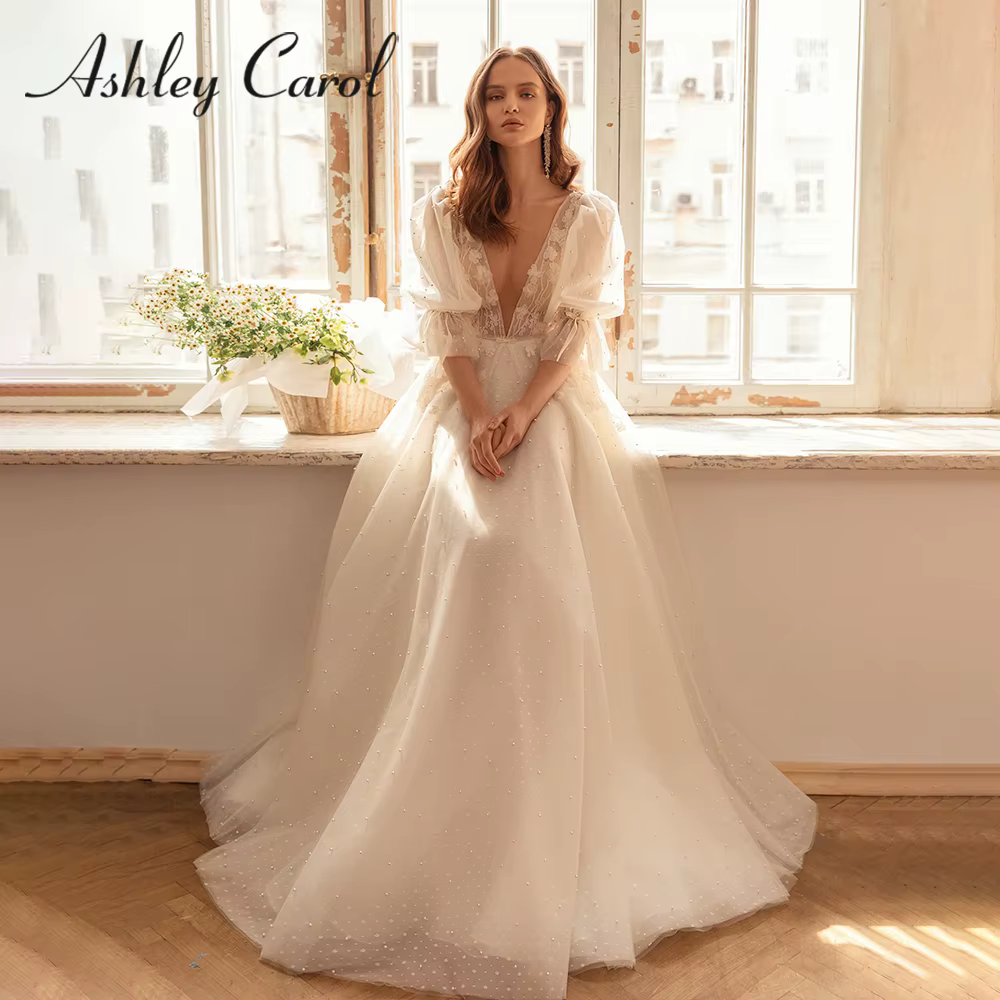 Ashley Carol robe De mariée manches bouffantes Illusion col en v profond en mousseline De soie perle