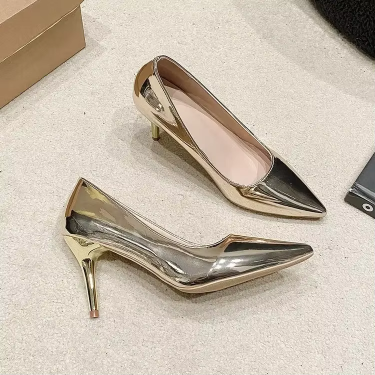 Escarpins pointus en cuir souple pour femmes, chaussures à enfiler, talons hauts argentés et dorés, 