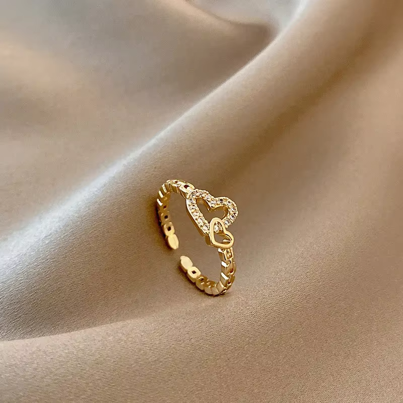 Bagues ouvertes Double cœur pour femmes, couleur or, chaîne en cristal, bijoux de fête coréenne pour