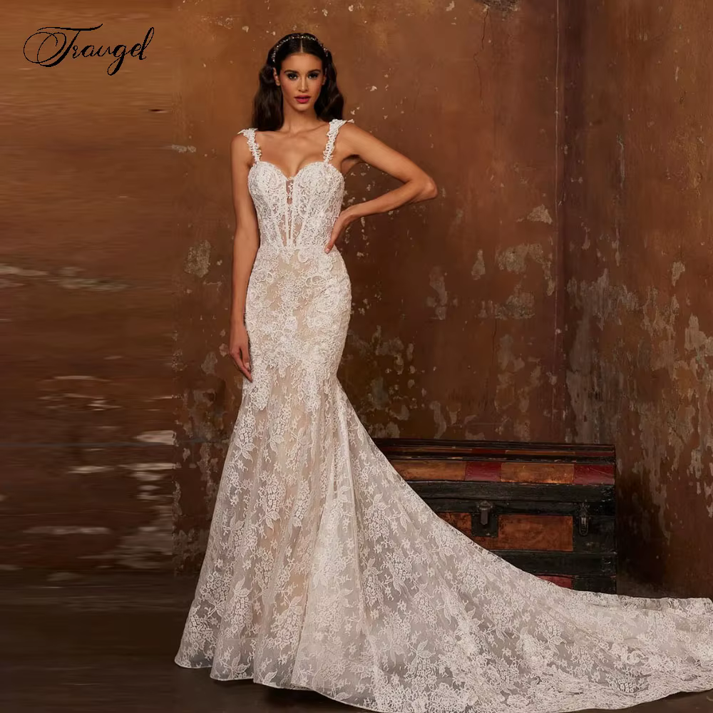 Robes de mariée sirène personnalisées sexy à bretelles spaghetti, décolleté cœur, broderie en dentel