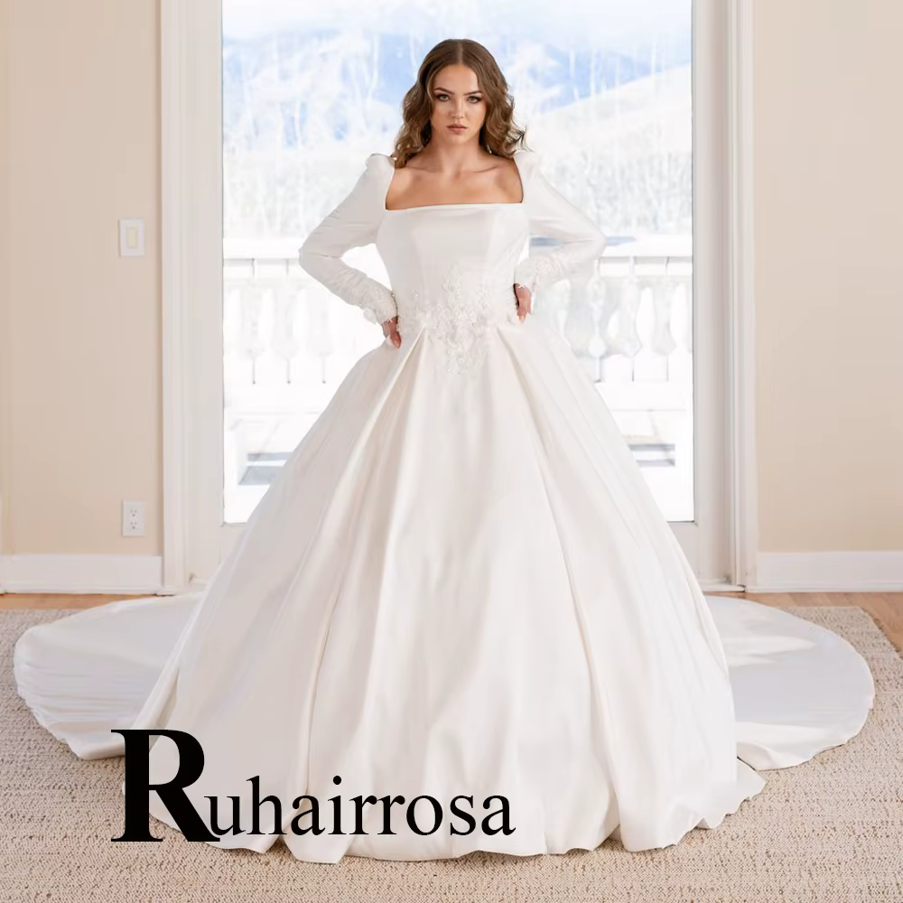 Ruhair Chic robes De mariée pour Mariages a-ligne bouton col carré manches bouffantes Appliques Vest