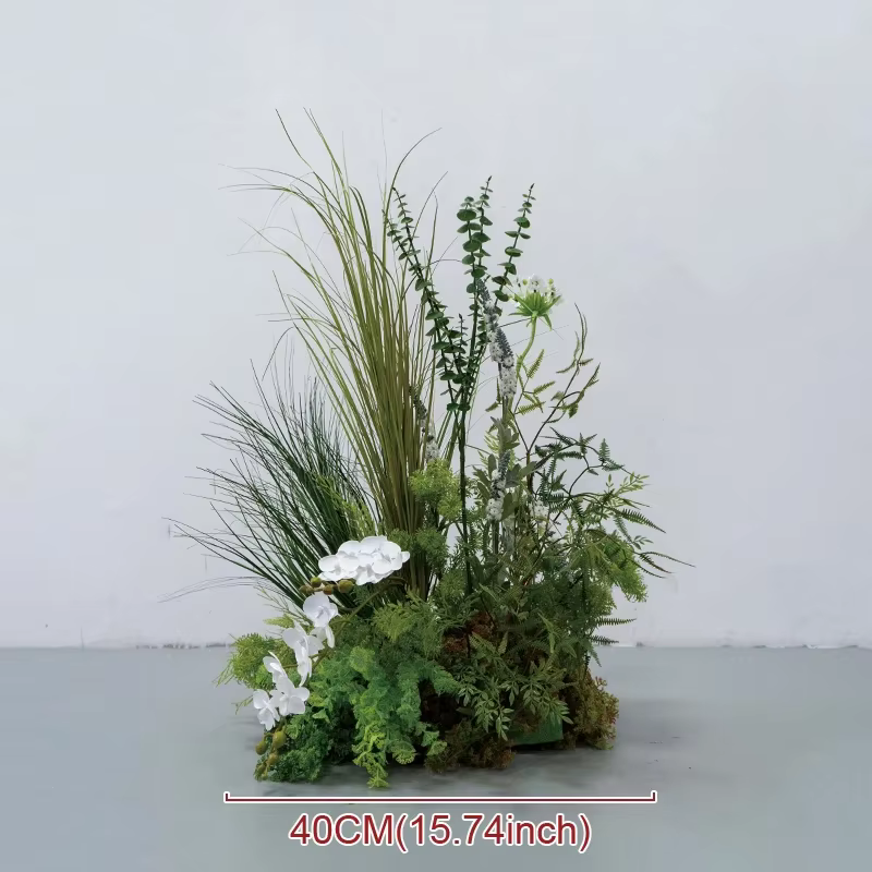 Décor de toile de fond de mariage en plein air, fougère, plantes vertes, boule florale, table de fêt