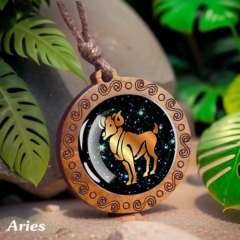 Collier Vintage en bois et verre avec 12 signes du zodiaque, chaîne à longue corde réglable, bijoux
