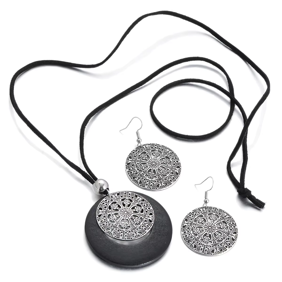 Ensembles de bijoux en bois pour femmes, arbre de vie rond, boucles d'oreilles pendantes, collier gé