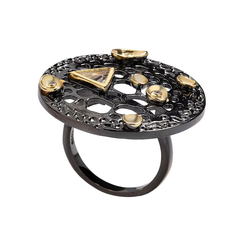 Bagues exagérées en or noir bicolore pour femmes, bijoux creux ronds, déclaration vintage, cadeau de