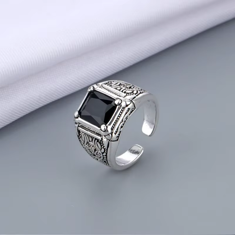 Bague rétro thaïlandaise en argent et cristal noir pour hommes, bijoux originaux, cadeau d'anniversa