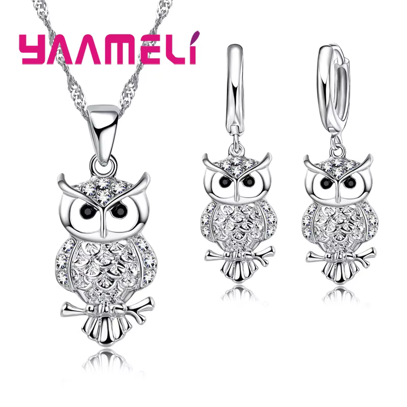 Ensemble de boucles d'oreilles et collier avec pendentif hibou en cristal AAA pour femmes, meilleurs
