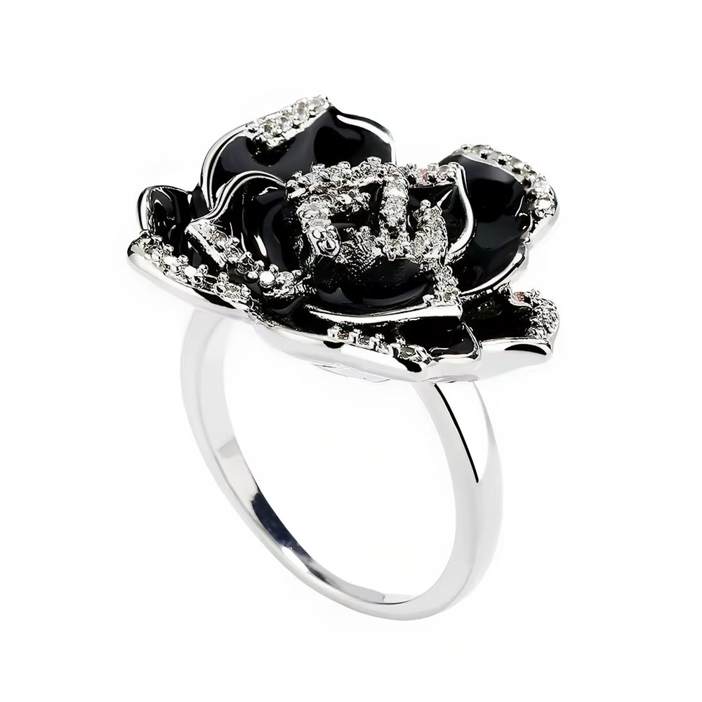 Bagues en forme de fleur rose pour femme, bijoux en émail exquis, goutte à goutte, huile, noir, arge