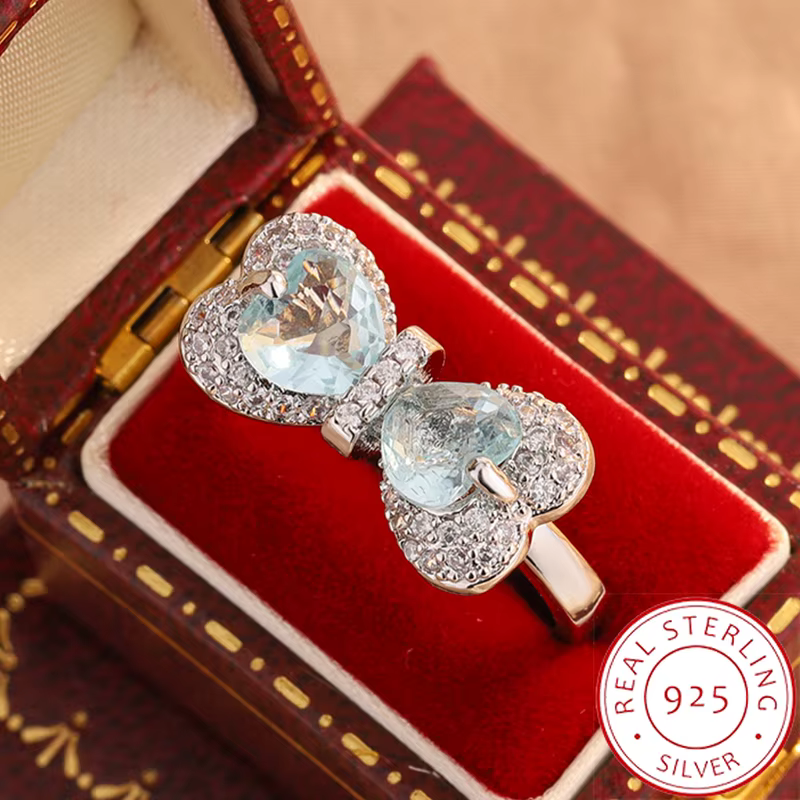 Bague élégante en zircon avec nœud bleu pour femme – Bijoux de fête en zircone cubique scintillante,