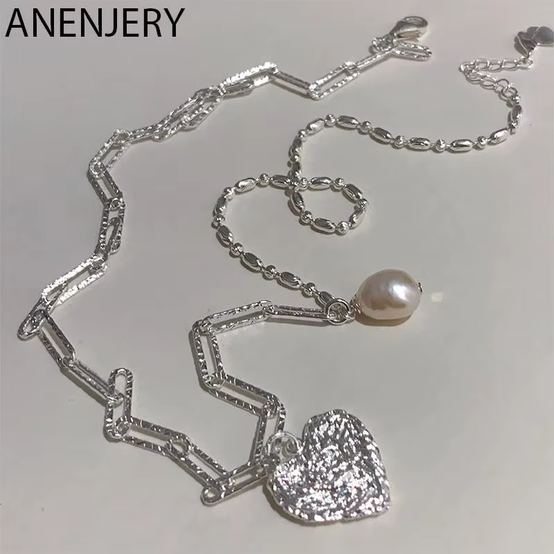 ANENJERY – collier en chaîne asymétrique pour femme, couleur argent, Texture lave, cœur, perle, géom