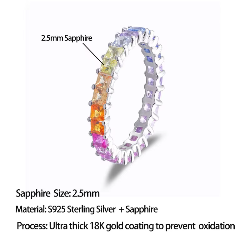 Bague LinkerLove en saphir arc-en-ciel, argent sterling S925, coupe princesse 2,5 mm, pierres précie