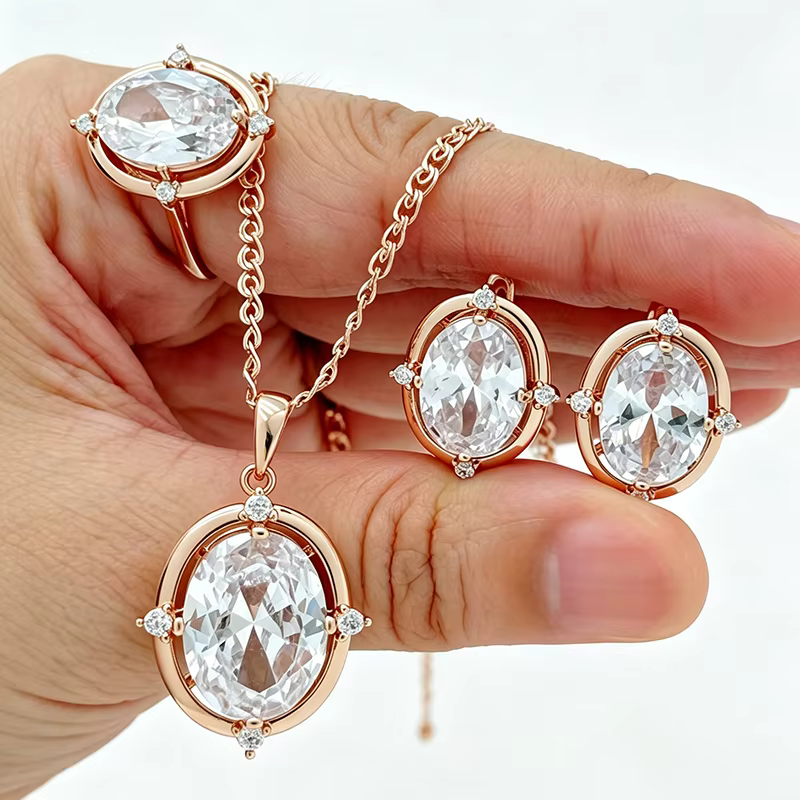 Kinel – ensemble de bijoux en Zircon naturel ovale brillant pour femmes, couleur or Rose 585, bague,