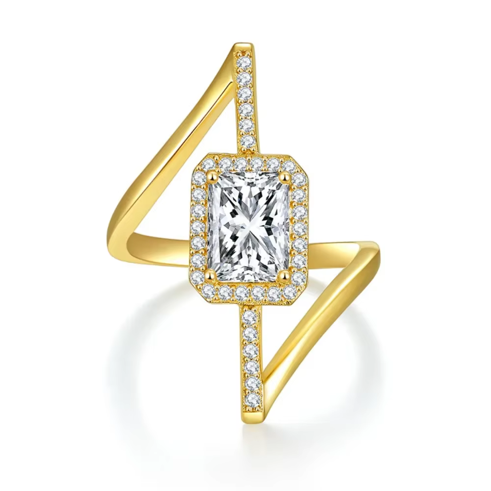 Bague de fiançailles LinkerLove plaquée or avec moissanite taille radiant 2 carats et halo, en argen