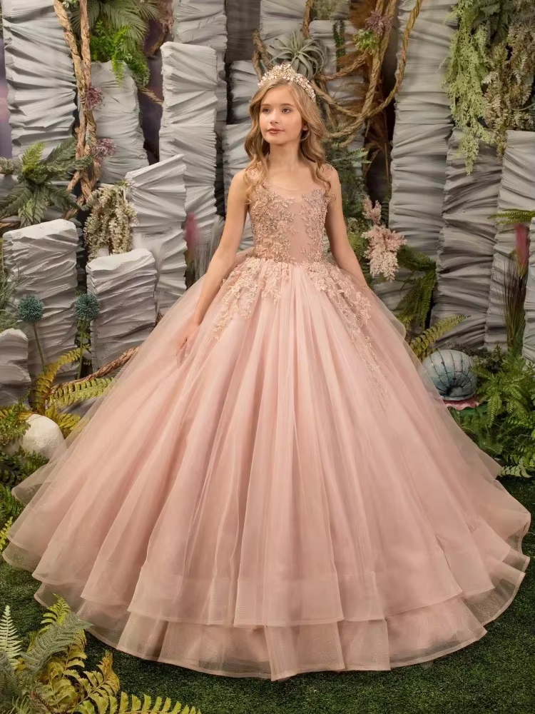 Robe à fleurs pour filles, en Tulle rose, avec des Appliques bouffantes, pour mariage, fête d'annive