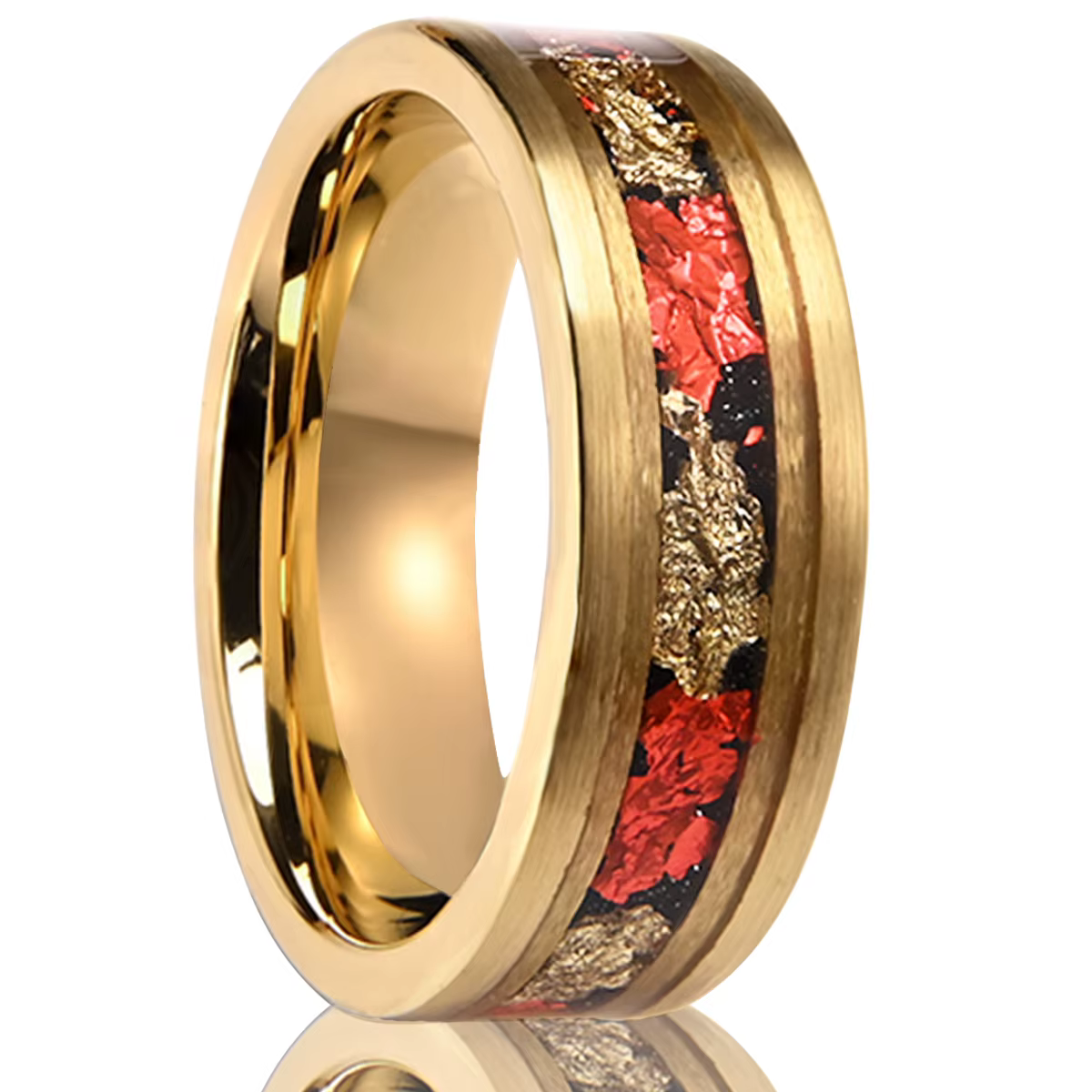 Bague de luxe en acier au tungstène doré brossé, 8mm incrustée de feuilles rouges, confortable à por