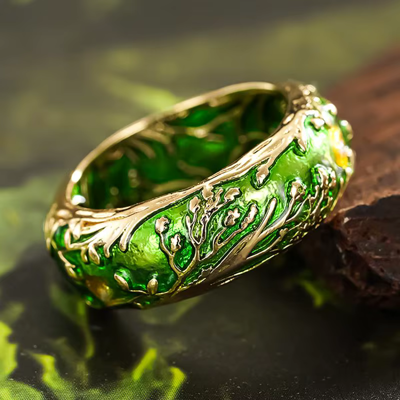 Bague pour femme Huitan Tree Design, entièrement en émail vert, style frais, pour les fêtes et le qu